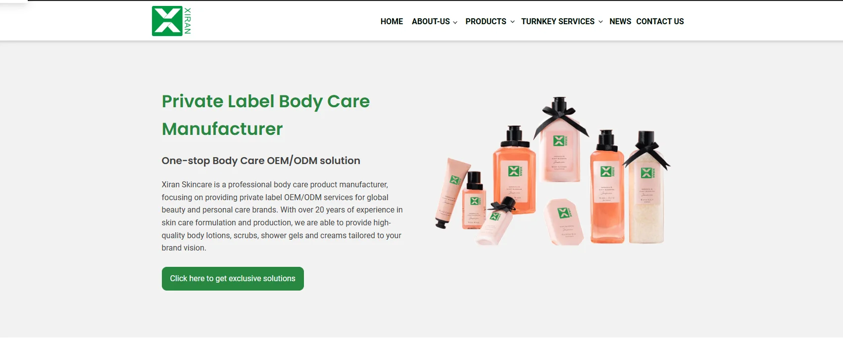 Website banner showcasing a private label body care manufacturer with various skincare products including lotions and creams, alongside company information and a call-to-action button.